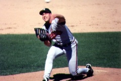 Johnny Rocker of the Atlanta Braves throwing the baseball against the San Francisco Giants.
